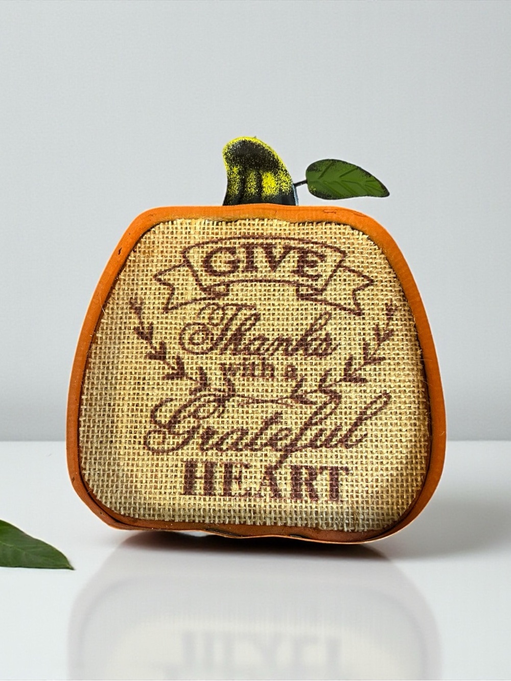 Burlap Vintage  Pumpkin Accent with Orange Trim and Leaf Stem